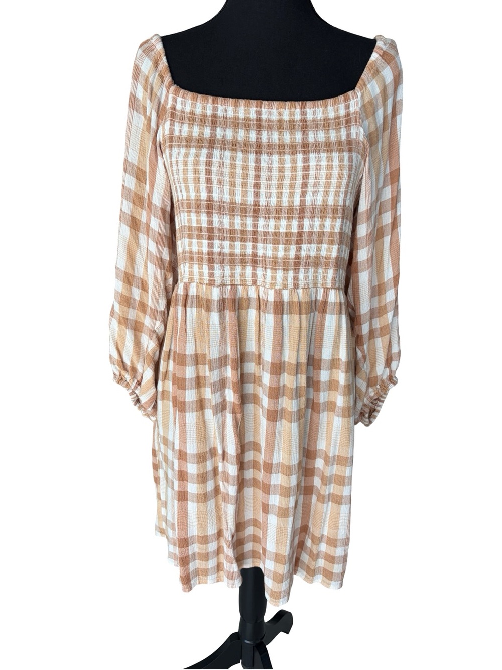 Billabong Tan and White Plaid Smocked Midi Dress